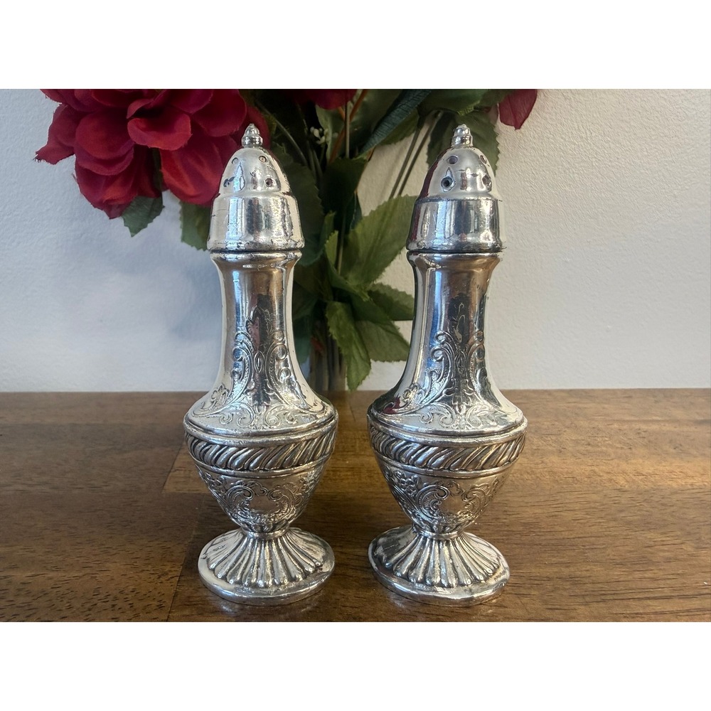 Vintage Viking EP Lead Salt Pepper Shakers Ornate‎ Scroll Gothic Cottage Decor